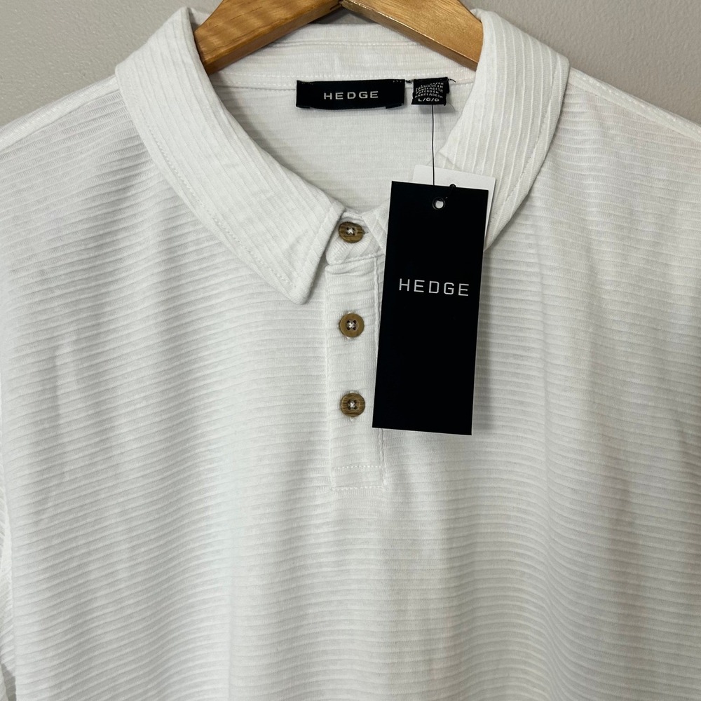Hedge Polo Shirt Mens Large White Ribbed Textured Long Sleeve NWT